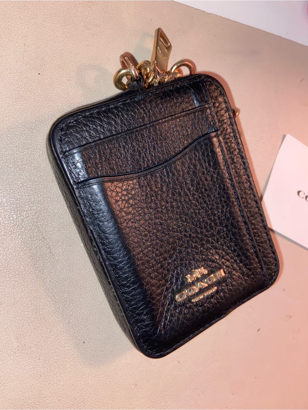 Coach  Black Pebbled Leather Card Wallet with Key Ring